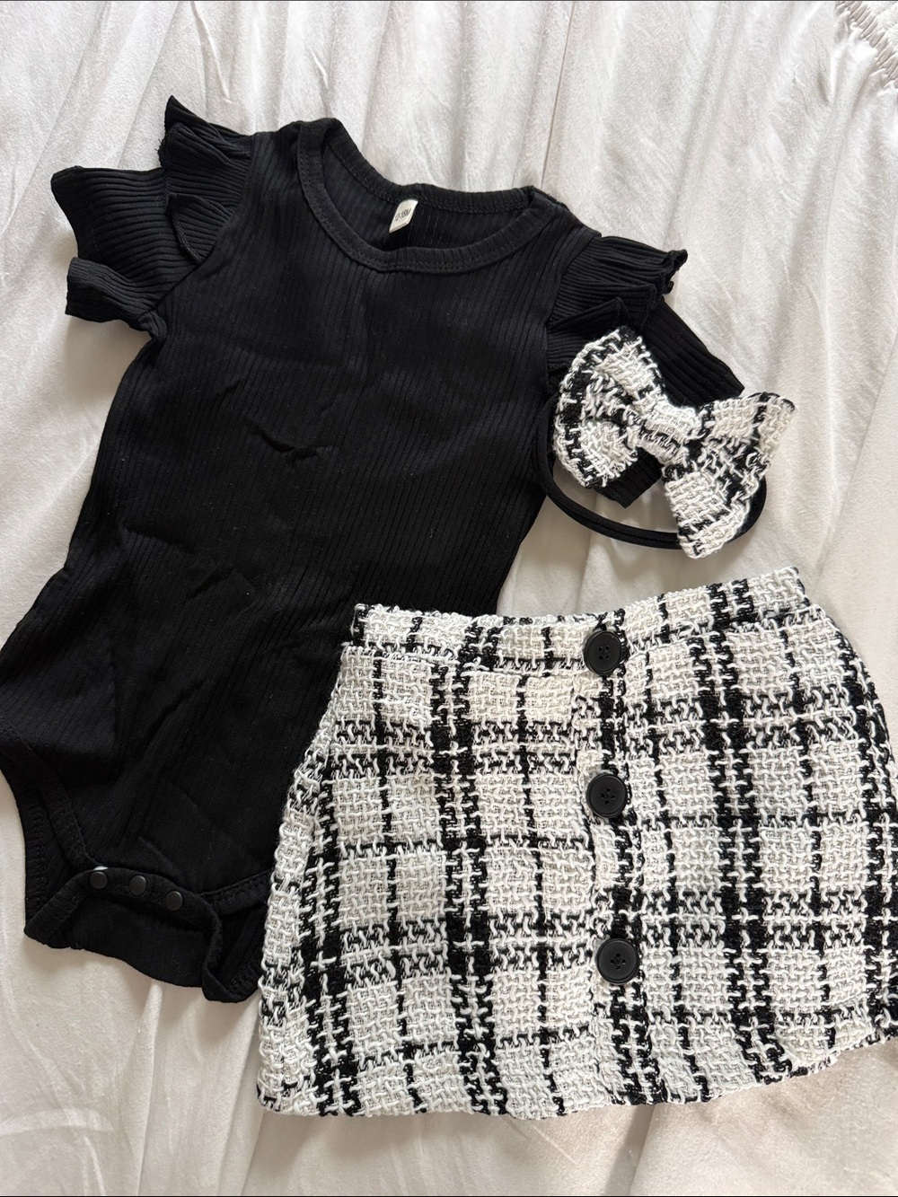Black Ribbed Baby Bodysuit with Black & White Tweed Skirt Set